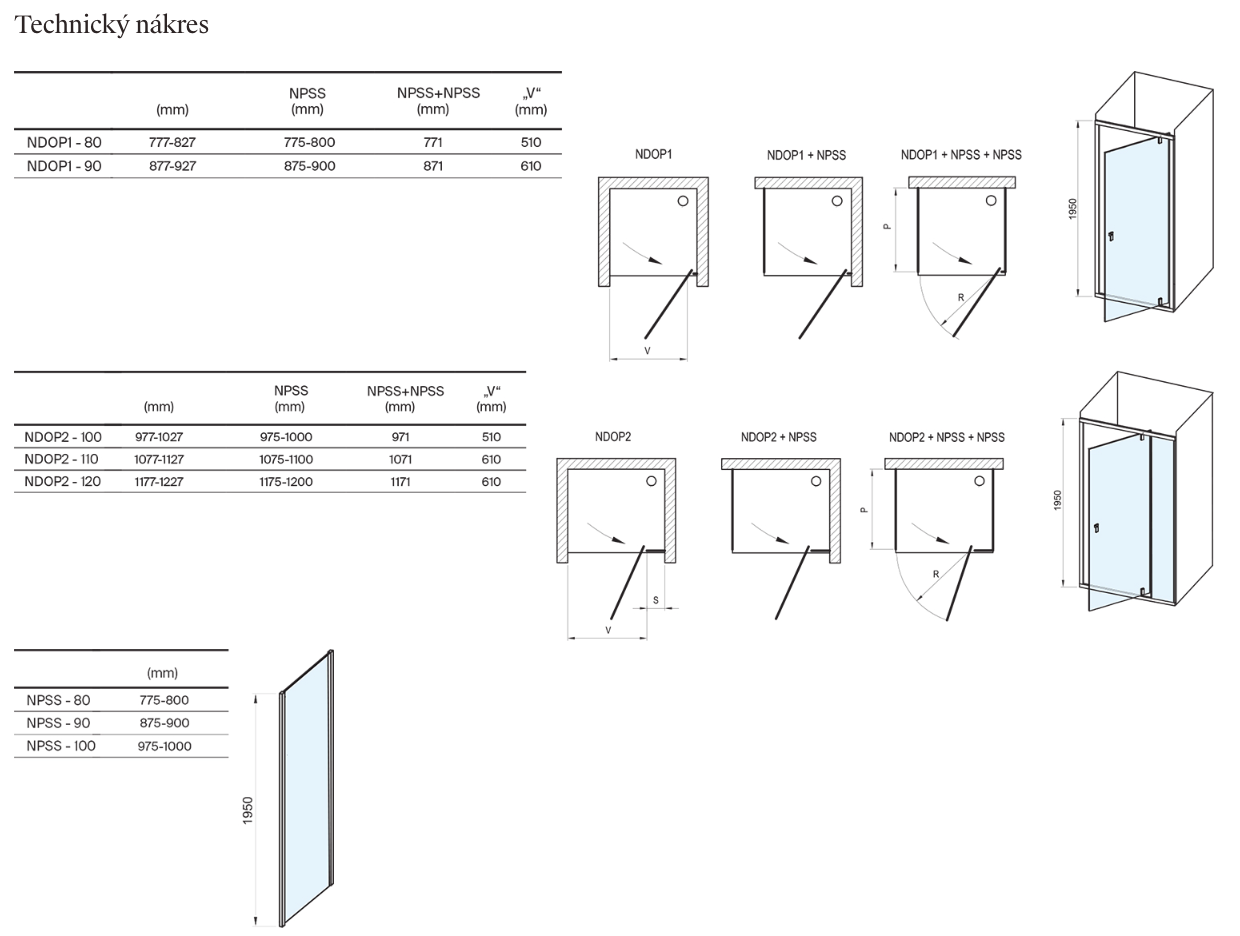 Sprchový kout Nexty NDOP2+NPSS-technicky-nakres